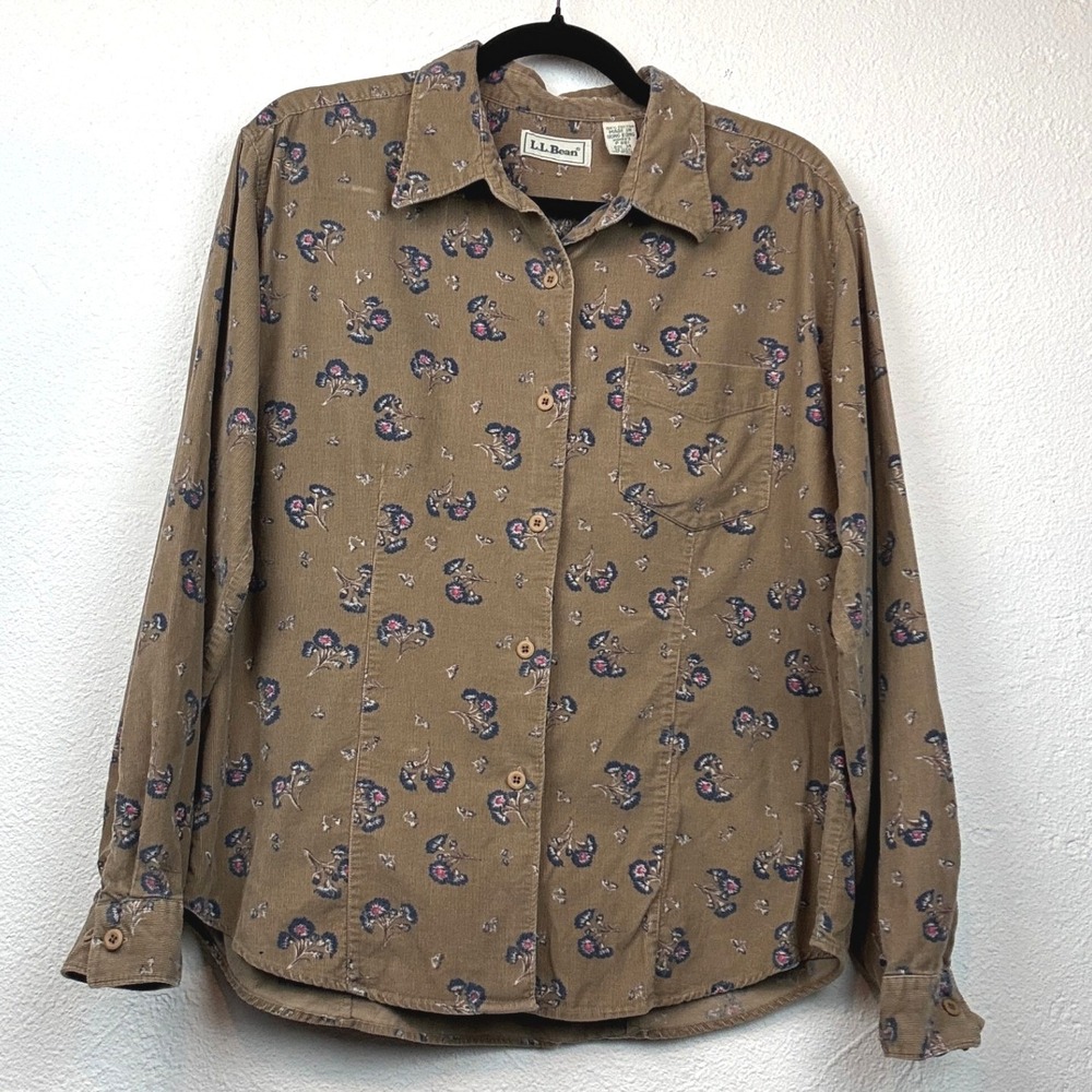 L.L. Bean Brown Floral Corduroy Shirt - 14 - Vintage Long Sleeve Button Up Top